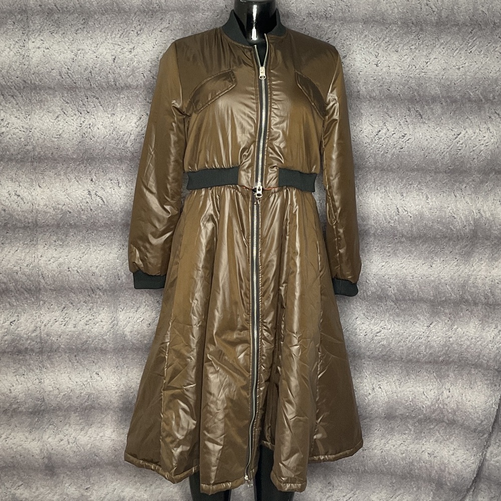 Long Brown Quilted Puffer Coat with Waist Detail and removable bottom